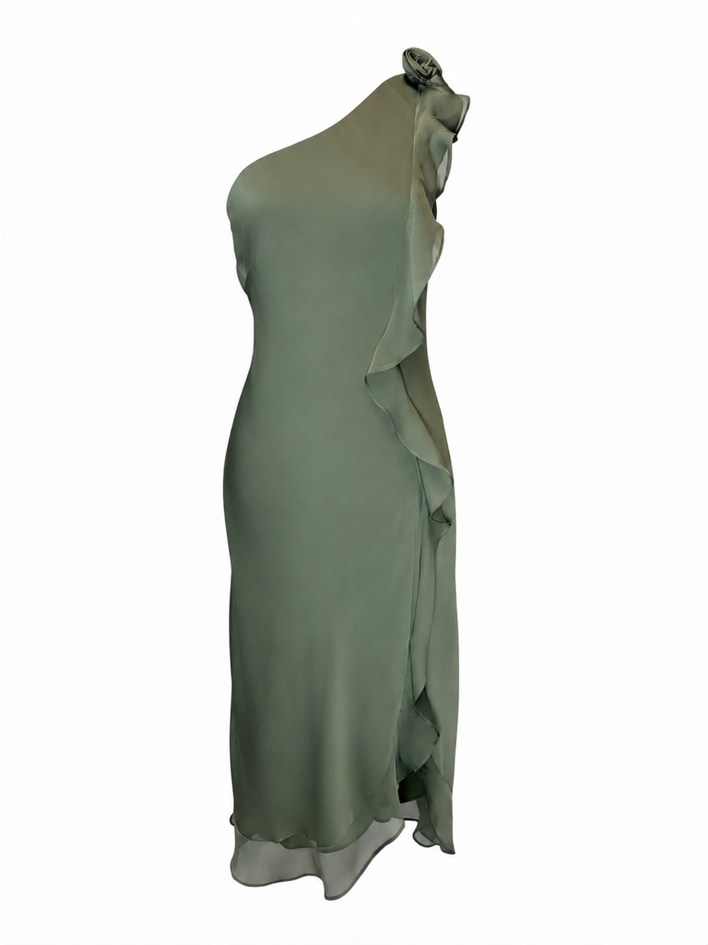 CDC Olive Green One-Shoulder Ruffle Dress